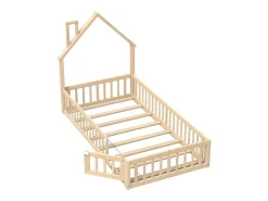 Cama de criança em forma de cabana, 90 x 200 cm, em madeira de pinho e MDF - Cor natural clara