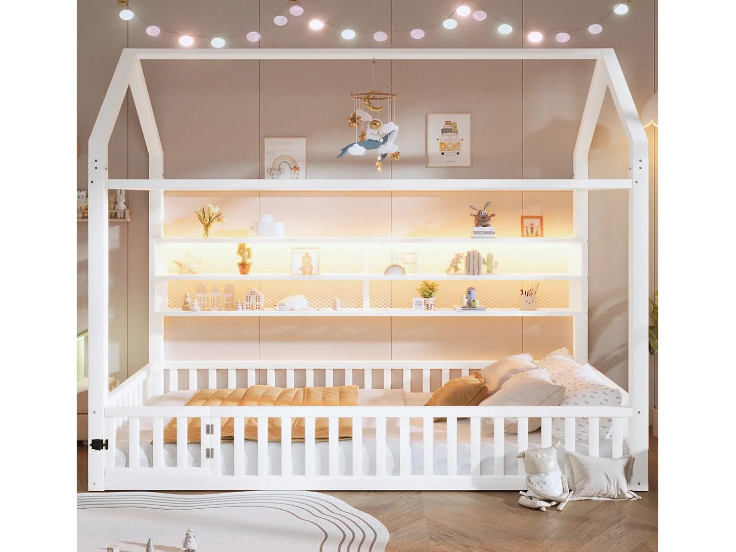 Cama de criança tipo cabana 90x200 cm com prateleiras de arrumação e iluminação LED - Sem estrado de ripas - Branca