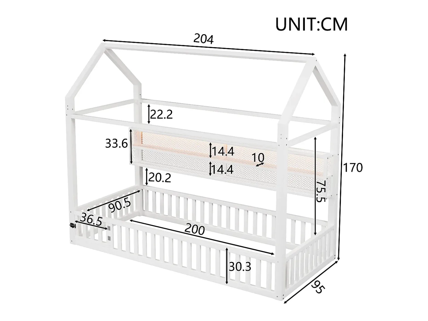 Cama de criança tipo cabana 90x200 cm com prateleiras de arrumação e iluminação LED - Sem estrado de ripas - Branca