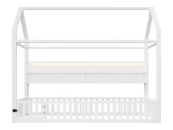 Cama de criança tipo cabana 90x200 cm com prateleiras de arrumação e iluminação LED - Sem estrado de ripas - Branca