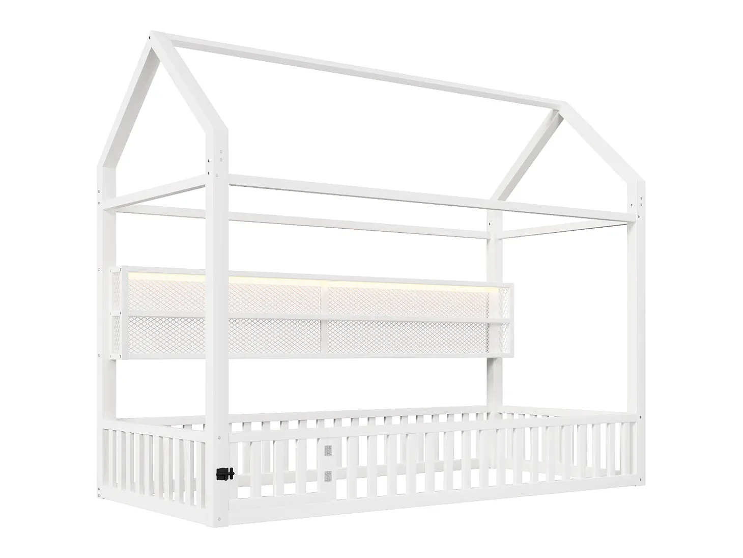 Cama de criança tipo cabana 90x200 cm com prateleiras de arrumação e iluminação LED - Sem estrado de ripas - Branca