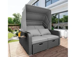 Cama de dia convertível para exterior de 2 lugares em resina de vime com dossel e mesa de apoio - chaise longue - cinzento