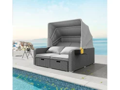 Cama de dia convertível para exterior de 2 lugares em resina de vime com dossel e mesa de apoio - chaise longue - cinzento