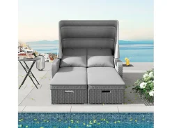 Cama de dia convertível para exterior de 2 lugares em resina de vime com dossel e mesa de apoio - chaise longue - cinzento