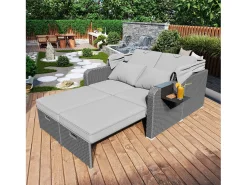 Cama de dia convertível para exterior de 2 lugares em resina de vime com dossel e mesa de apoio - chaise longue - cinzento