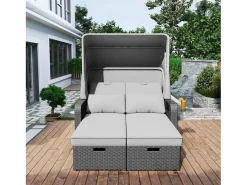 Cama de dia convertível para exterior de 2 lugares em resina de vime com dossel e mesa de apoio - chaise longue - cinzento