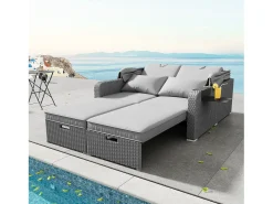 Cama de dia convertível para exterior de 2 lugares em resina de vime com dossel e mesa de apoio - chaise longue - cinzento