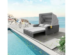 Cama de dia convertível para exterior de 2 lugares em resina de vime com dossel e mesa de apoio - chaise longue - cinzento