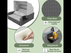 Cama de dia convertível para exterior de 2 lugares em resina de vime com dossel e mesa de apoio - chaise longue - cinzento