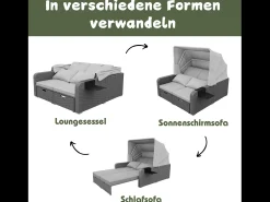 Cama de dia convertível para exterior de 2 lugares em resina de vime com dossel e mesa de apoio - chaise longue - cinzento