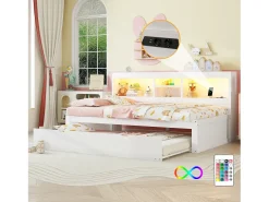 Cama de dia de 90x200cm com cama individual de 90x190cm - mesa de cabeceira com arrumação, LED e tomadas - Branco