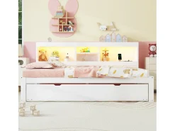 Cama de dia de 90x200cm com cama individual de 90x190cm - mesa de cabeceira com arrumação, LED e tomadas - Branco