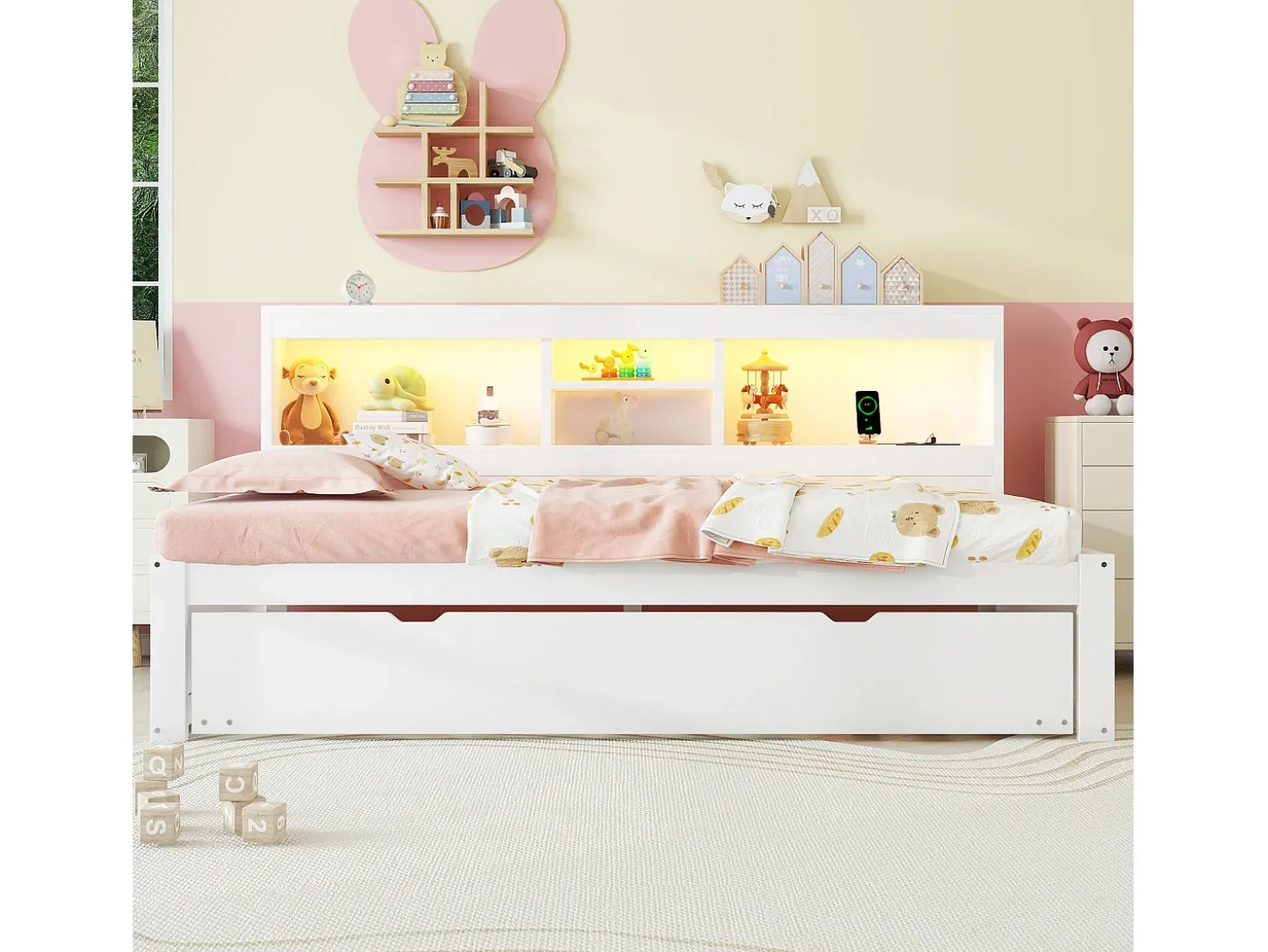 Cama de dia de 90x200cm com cama individual de 90x190cm - mesa de cabeceira com arrumação, LED e tomadas - Branco