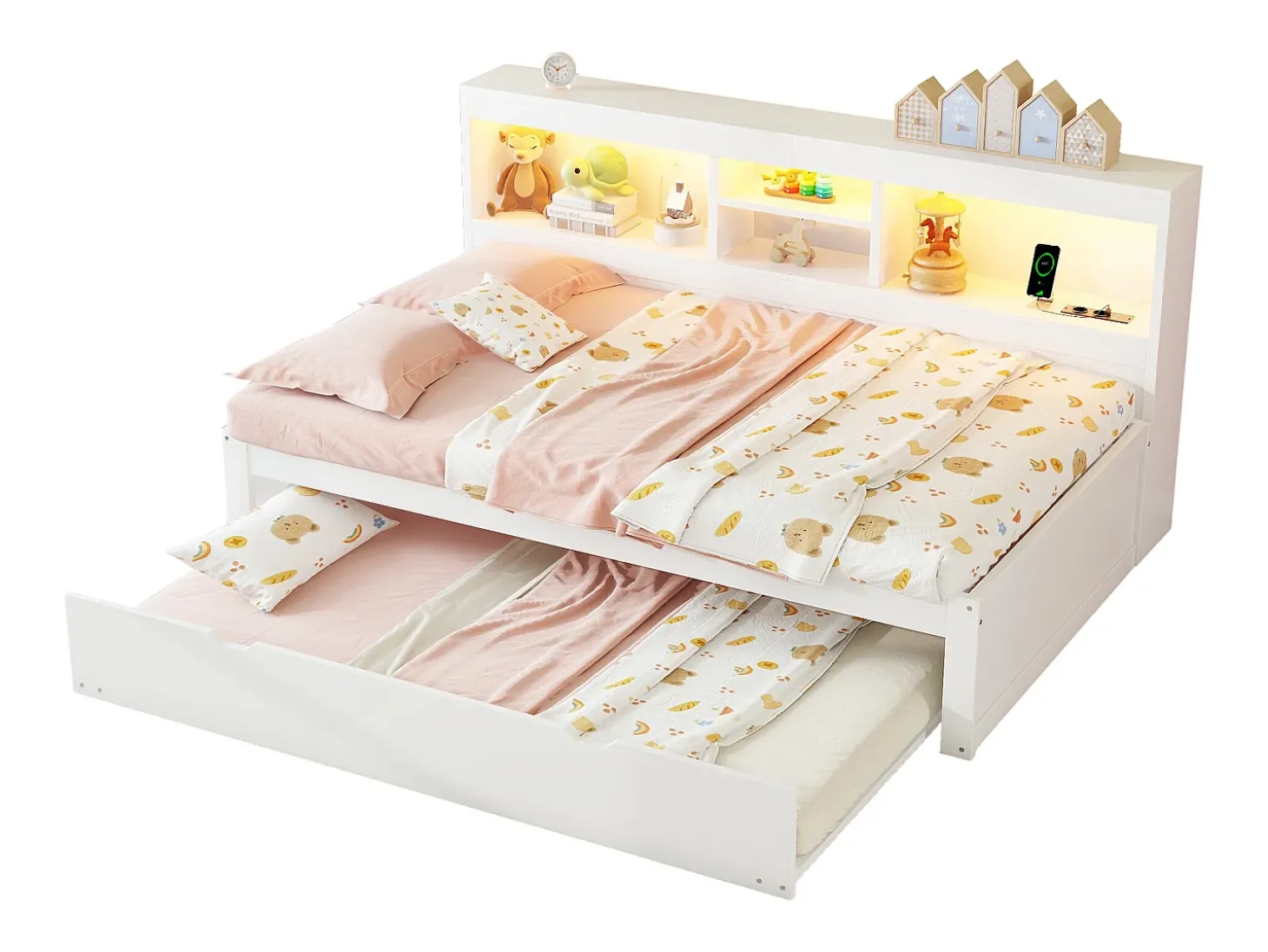 Cama de dia de 90x200cm com cama individual de 90x190cm - mesa de cabeceira com arrumação, LED e tomadas - Branco