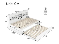 Cama de dia de 90x200cm com cama individual de 90x190cm - mesa de cabeceira com arrumação, LED e tomadas - Branco
