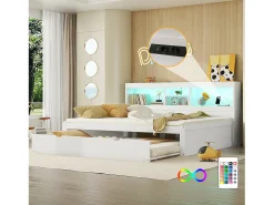 Cama de dia de 140x200cm com uma cama de solteiro de 90x190cm - mesa de cabeceira com arrumação, LED e tomadas - Branco