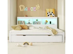 Cama de dia de 140x200cm com uma cama de solteiro de 90x190cm - mesa de cabeceira com arrumação, LED e tomadas - Branco