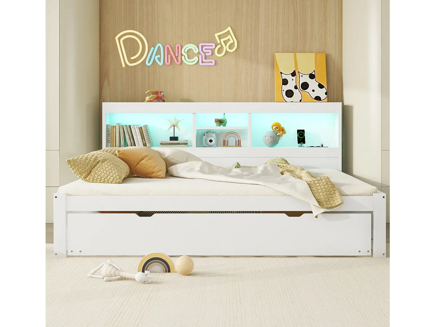 Cama de dia de 140x200cm com uma cama de solteiro de 90x190cm - mesa de cabeceira com arrumação, LED e tomadas - Branco