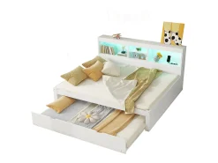 Cama de dia de 140x200cm com uma cama de solteiro de 90x190cm - mesa de cabeceira com arrumação, LED e tomadas - Branco