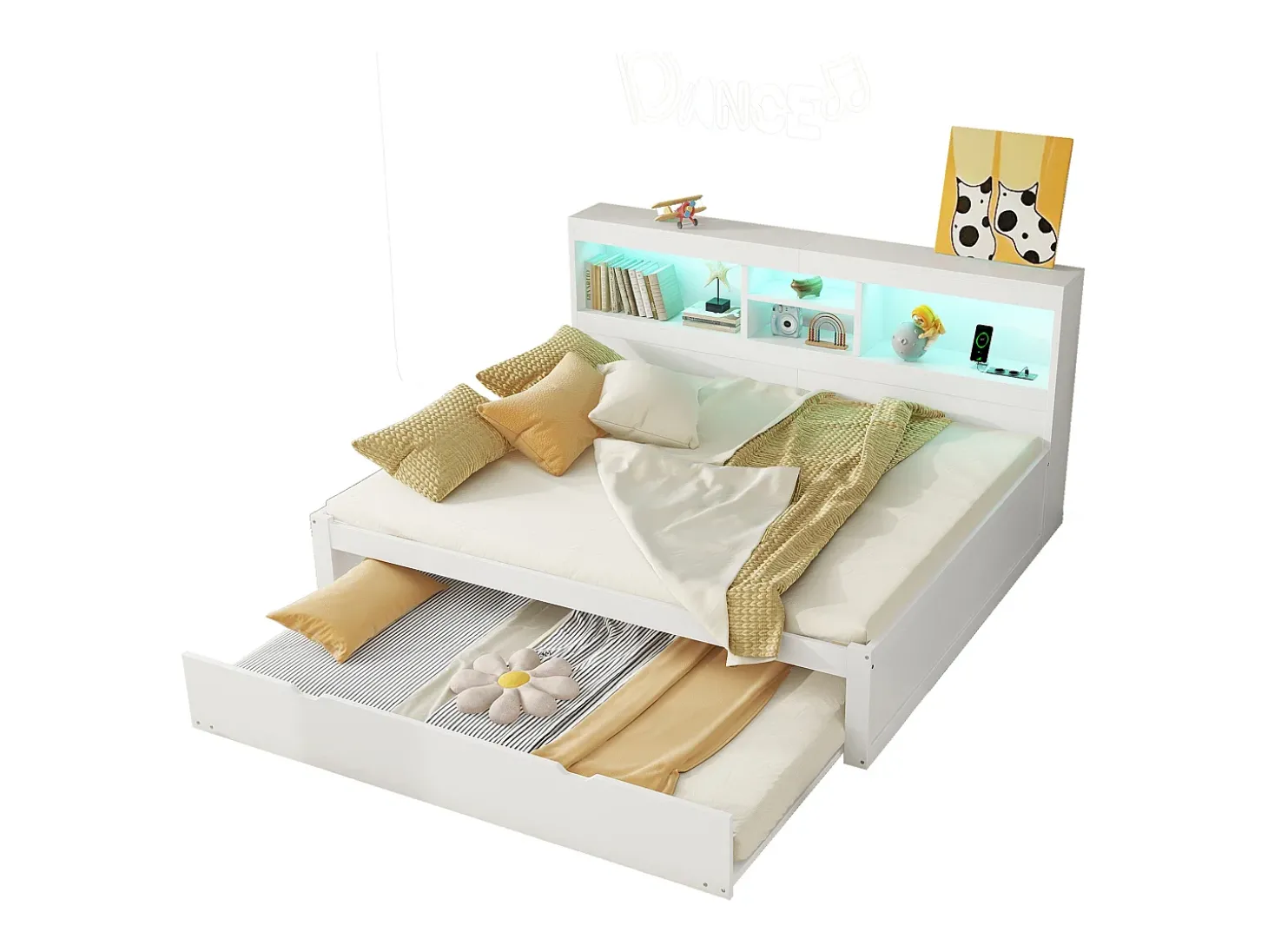 Cama de dia de 140x200cm com uma cama de solteiro de 90x190cm - mesa de cabeceira com arrumação, LED e tomadas - Branco