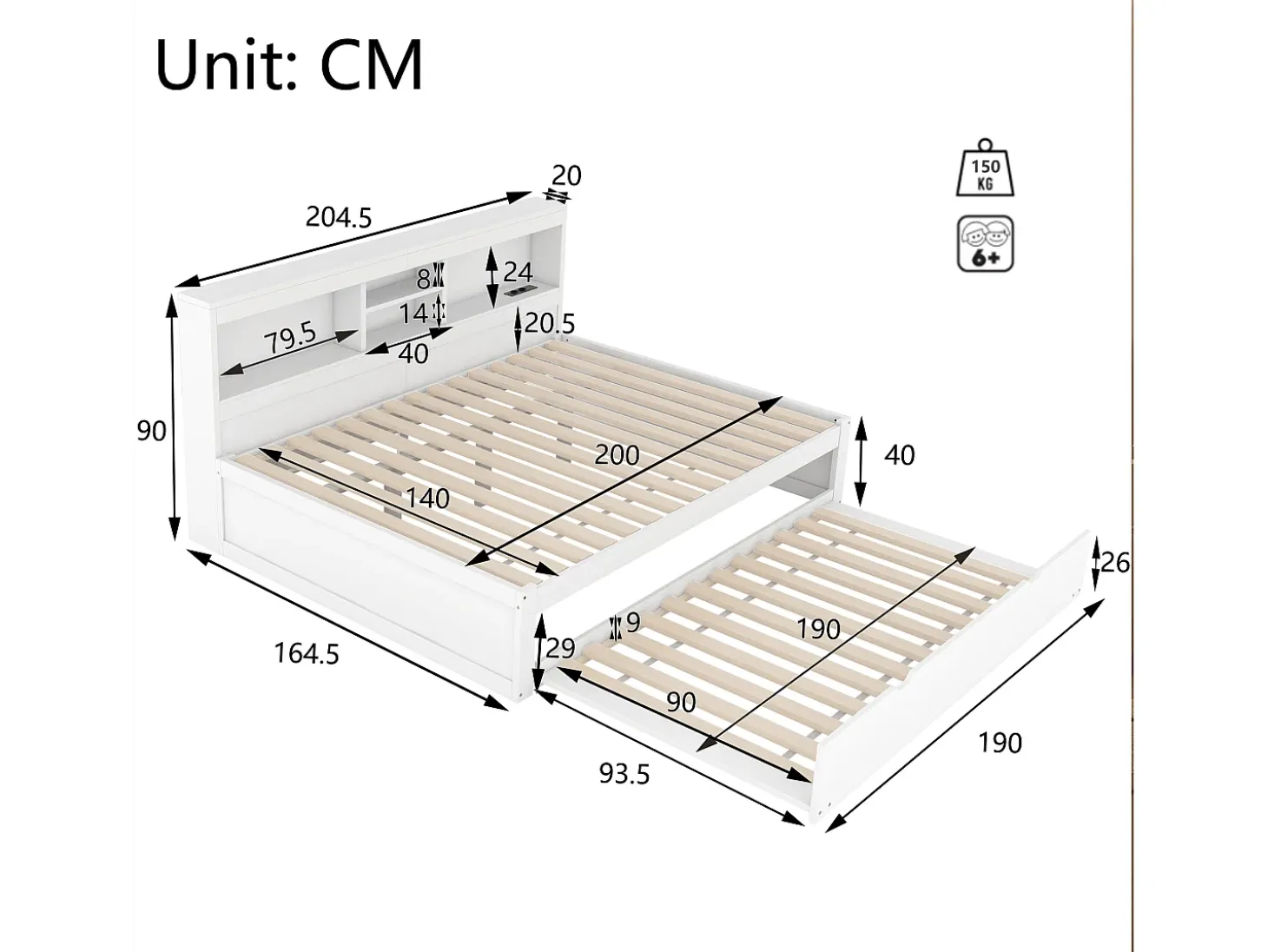 Cama de dia de 140x200cm com uma cama de solteiro de 90x190cm - mesa de cabeceira com arrumação, LED e tomadas - Branco