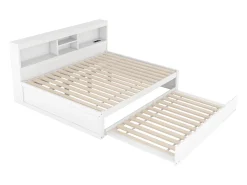 Cama de dia de 140x200cm com uma cama de solteiro de 90x190cm - mesa de cabeceira com arrumação, LED e tomadas - Branco