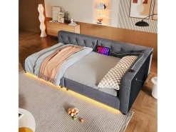 Cama de dia em linho 90x200 cm - com LED e portas de carregamento - Cinza