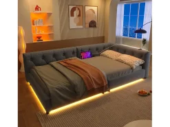 Cama de dia em linho 90x200 cm - com LED e portas de carregamento - Cinza