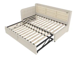 Cama de dia em tecido de linho bege 90x200 cm (180x200 cm), portas USB + Tipo C, arrumação, base de ripas