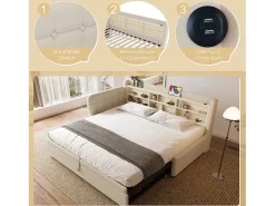 Cama de dia em tecido de linho bege 90x200 cm (180x200 cm), portas USB + Tipo C, arrumação, base de ripas