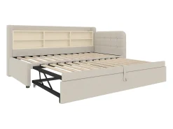 Cama de dia em tecido de linho bege 90x200 cm (180x200 cm), portas USB + Tipo C, arrumação, base de ripas