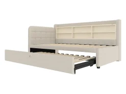 Cama de dia em tecido de linho bege 90x200 cm (180x200 cm), portas USB + Tipo C, arrumação, base de ripas