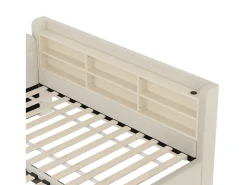 Cama de dia em tecido de linho bege 90x200 cm (180x200 cm), portas USB + Tipo C, arrumação, base de ripas
