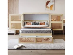 Cama de embutir 140 x 200 cm - con 2 gavetas - con somier de ripas - natural​ (colchão não incluído)