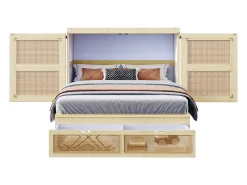 Cama de embutir 140 x 200 cm - con 2 gavetas - con somier de ripas - natural​ (colchão não incluído)