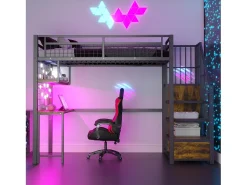 Cama de metal elevada 90x200 cm - con iluminação LED e porta de carregamento - inclui escada de armazenamento - con prateleiras e escrivaninha - preto