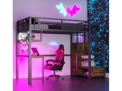 Cama de metal elevada 90x200 cm - con iluminação LED e porta de carregamento - inclui escada de armazenamento - con prateleiras e escrivaninha - preto