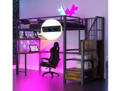 Cama de metal elevada 90x200 cm - con iluminação LED e porta de carregamento - inclui escada de armazenamento - con prateleiras e escrivaninha - preto