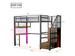 Cama de metal elevada 90x200 cm - con iluminação LED e porta de carregamento - inclui escada de armazenamento - con prateleiras e escrivaninha - preto