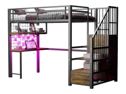 Cama de metal elevada 90x200 cm - con iluminação LED e porta de carregamento - inclui escada de armazenamento - con prateleiras e escrivaninha - preto