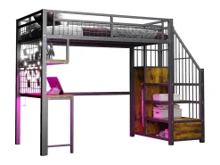 Cama de metal elevada 90x200 cm - con iluminação LED e porta de carregamento - inclui escada de armazenamento - con prateleiras e escrivaninha - preto