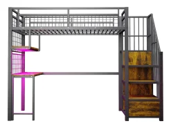 Cama de metal elevada 90x200 cm - con iluminação LED e porta de carregamento - inclui escada de armazenamento - con prateleiras e escrivaninha - preto