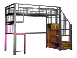 Cama de metal elevada 90x200 cm - con iluminação LED e porta de carregamento - inclui escada de armazenamento - con prateleiras e escrivaninha - preto