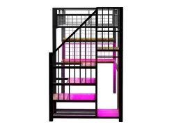 Cama de metal elevada 90x200 cm - con iluminação LED e porta de carregamento - inclui escada de armazenamento - con prateleiras e escrivaninha - preto