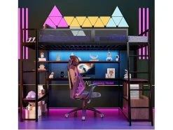 Cama de metal elevada 140x200 cm - con iluminação LED - con escrivaninha e prateleira de armazenamento - con porta USB - Preto​ (colchão não incluído)