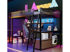Cama de metal elevada 140x200 cm - con iluminação LED - con escrivaninha e prateleira de armazenamento - con porta USB - Preto​ (colchão não incluído)