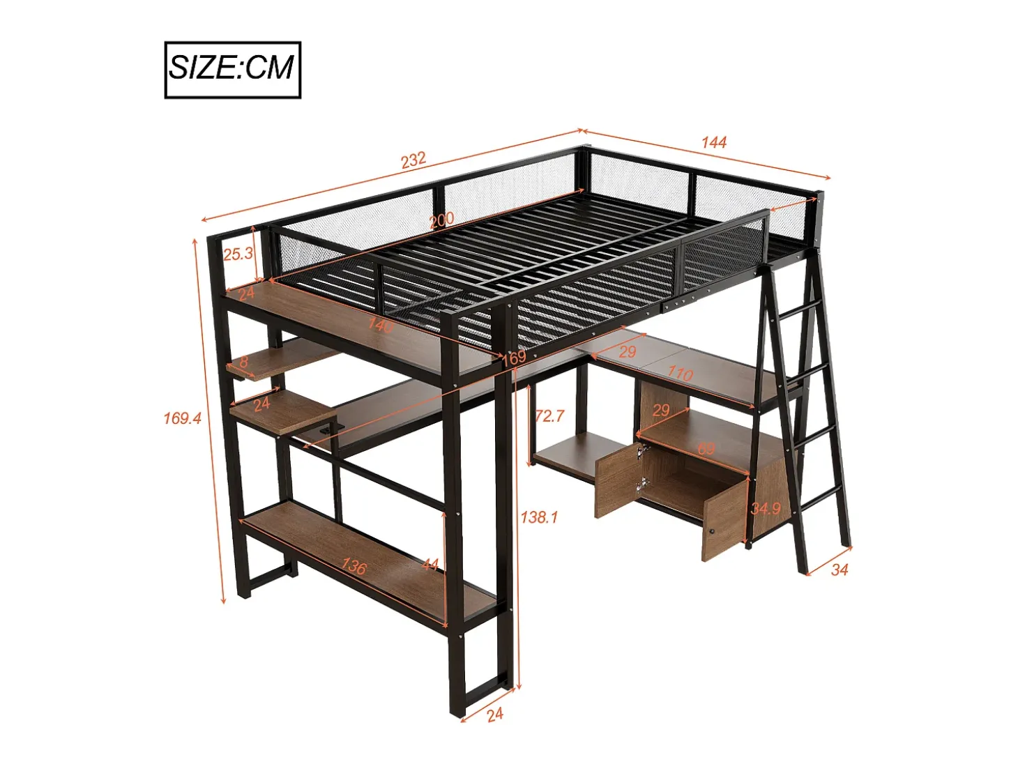 Cama de metal elevada 140x200 cm - con iluminação LED - con escrivaninha e prateleira de armazenamento - con porta USB - Preto (colchão não incluído)