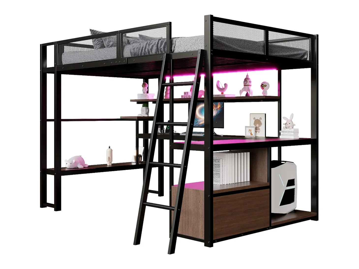 Cama de metal elevada 140x200 cm - con iluminação LED - con escrivaninha e prateleira de armazenamento - con porta USB - Preto (colchão não incluído)