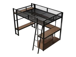 Cama de metal elevada 140x200 cm - con iluminação LED - con escrivaninha e prateleira de armazenamento - con porta USB - Preto (colchão não incluído)