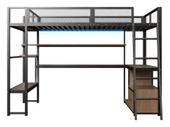Cama de metal elevada 140x200 cm - con iluminação LED - con escrivaninha e prateleira de armazenamento - con porta USB - Preto (colchão não incluído)